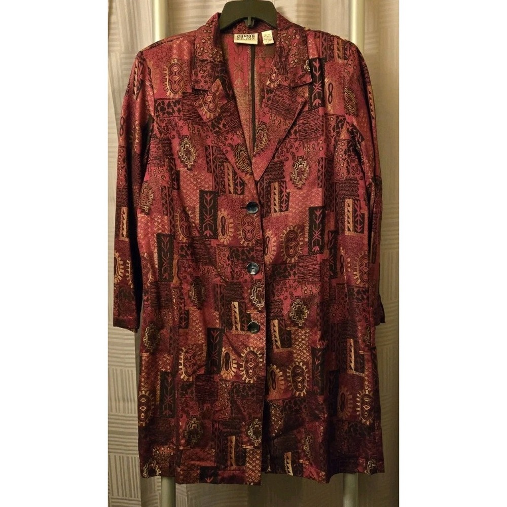Chicos Silk Blend Long Jacket Blazer Sz 1 Womens Office Work Classic Maroon